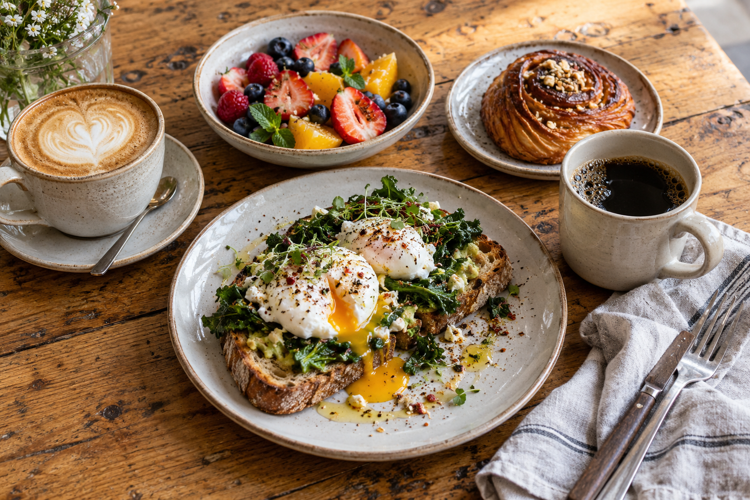 Cafe brunch with eggs on toast, fruit, pastry and coffee