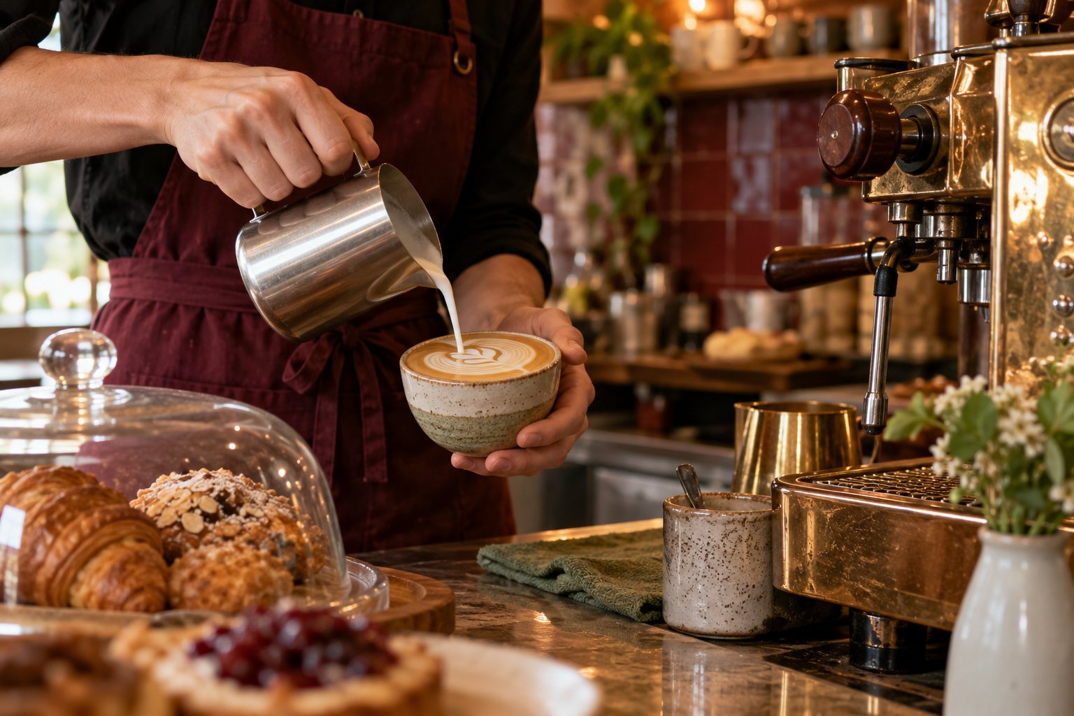 Barista pouring latte art beside a vintage espresso machine